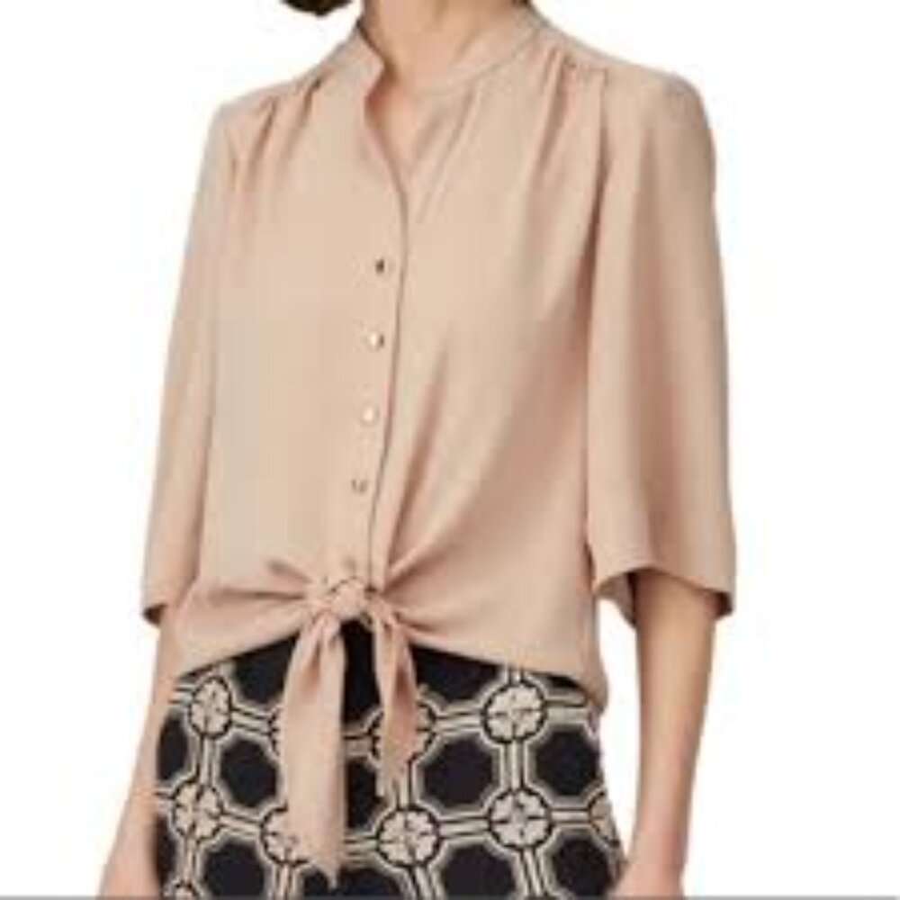 Trina Turk Button Tie Front Blouse Medium Pink Tan Business Casual Workwear